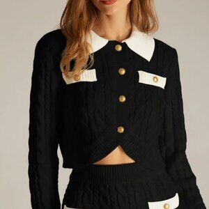 RIHOAS Cable Knit Button Front Collared Cropped Cardigan Black Cream Sz S NWT